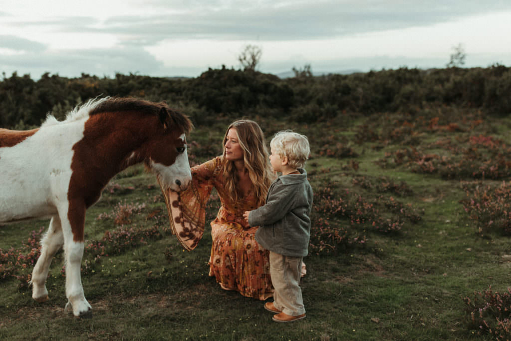 family photographer devon shoot Mum stroking wild horse whilst little boy looks on