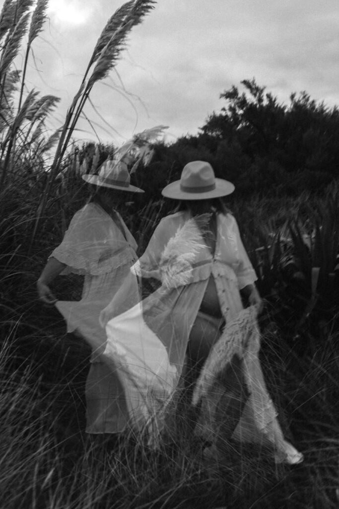 Double exposure image of an expectant mother amongst the Pampas grass at Holywell Bay in Cornwall